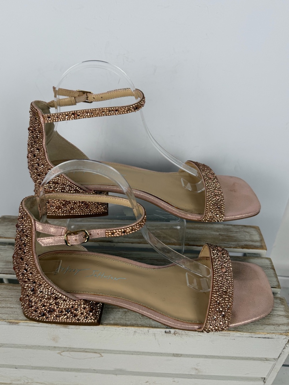 Betsey Johnson Grant Dress Sandal in rose gold/blush rhinestone size 9.5M